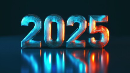"2025" in bold 3D font with a vibrant blue and orange gradient color, set against a dark background with a glossy reflection on the floor, symbolizing the future and New Year celebrations.