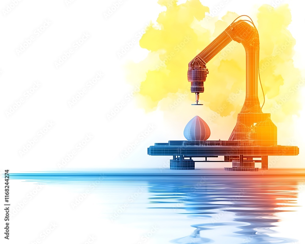 Poster futuristic robotic arm with abstract background and reflection on water, highlighting technology and