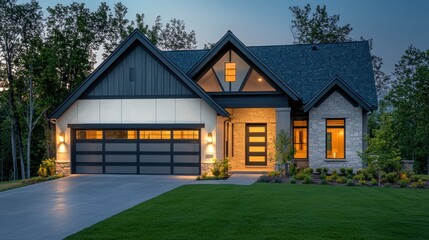 Obraz premium Luxury Modern Home at Dusk: Architectural Design and Landscaping