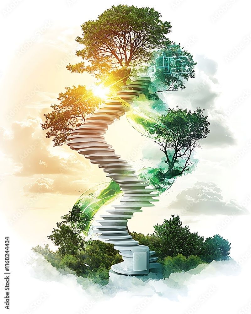 Poster abstract representation of growth and transformation with a spiral staircase surrounded by lush tree