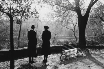 Couple enjoying a peaceful autumn stroll in a park surrounded by trees and fallen leaves in the early morning light