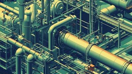 A detailed industrial scene featuring pipes and machinery in a complex layout.