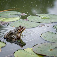 Green frog resting on lily pad in calm pond water with ripples and falling droplets