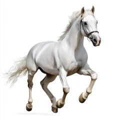 Obraz premium Dynamic White Horse Running Gracefully on White Background in Full Motion
