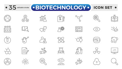 Set of outline icons related to biotechnology, biochemistry, farming, science. Lab and science line icon set. Laboratory equipment icons. Flask, microscope, syringe. Editable stroke outline icon.