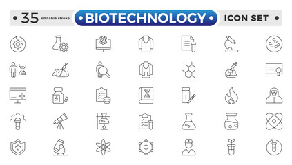 Set of outline icons related to biotechnology, biochemistry, farming, science. Lab and science line icon set. Laboratory equipment icons. Flask, microscope, syringe. Editable stroke outline icon.