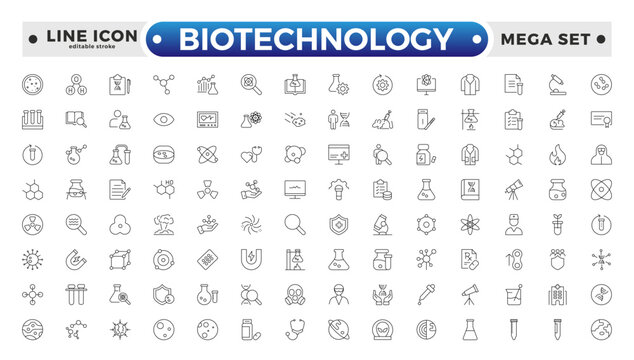 Set of outline icons related to biotechnology, biochemistry, farming, science. Lab and science line icon set. Laboratory equipment icons. Flask, microscope, syringe. Editable stroke outline icon.