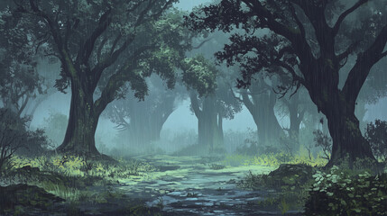 Obraz premium serene, misty forest path surrounded by tall trees and lush greenery