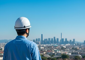 作業着 - 男性  - 建築 - ヘルメット - 青空 - 都市