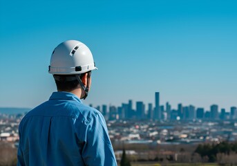 作業着 - 男性  - 建築 - ヘルメット - 青空 - 都市