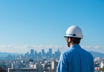 作業着 - 男性  - 建築 - ヘルメット - 青空 - 都市