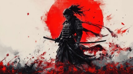 Samurai Warrior with Red Sun and Dynamic Movement