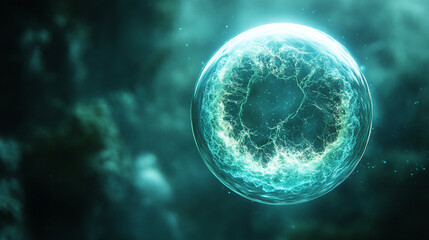 A single glowing orb floats in a dark void, symbolizing mystery, solitude, and the infinite, with space on the side to suggest the vast unknown and chaotic forces beyond its luminous presence

