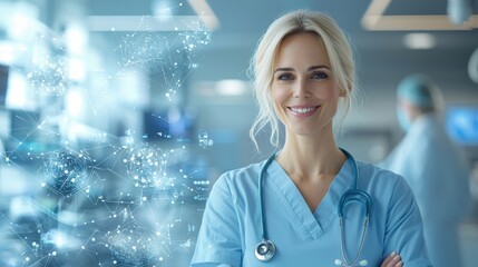 Empowering healthcare a smiling female doctor in scrubs hospital setting digital overlay bright environment confident viewpoint innovation in medicine