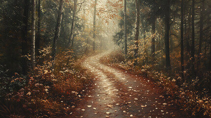 Fototapeta premium forest trail winding through autumn leaves, creating serene atmosphere