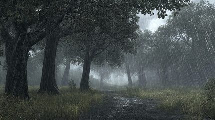 gloomy forest scene with heavy rain pouring down, creating moody atmosphere