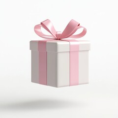 Elegant White Gift Box with Pink Ribbon and Bow Floating in Air