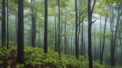 Obraz premium serene forest shrouded in mist, showcasing lush green foliage and tall trees