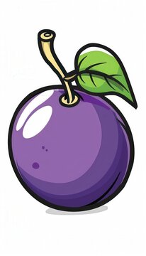 Naklejki A cartoon-style purple plum with a green leaf and stem. Ideal for children's books, health apps, or food packaging.