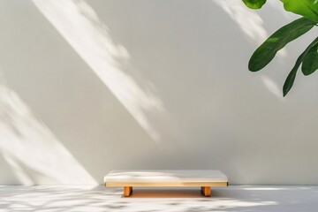 Obraz premium Minimalist Display Platform with Shadows and Green Plant in Modern Interior Space