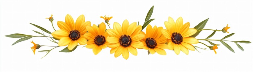Obraz premium Yellow Daisies Aligned with Drifting Petals on White Background