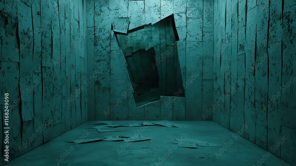 Poster distorted reflections in a broken mirror in an isolated room with unique lighting