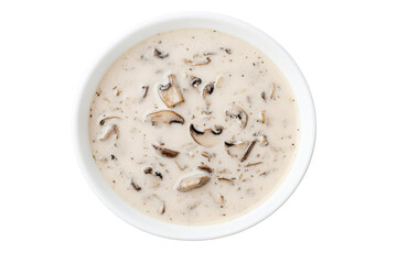 Top view of luxurious bowl of fresh homemade creamy mushroom soup served isolated on cut out PNG or transparent background. Highlighting rich texture and food gourmet presentation