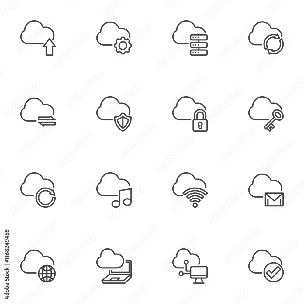 Poster cloud computing service line icons set