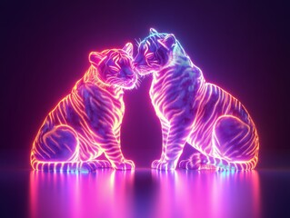 Neon Tigers Embracing in Vibrant Colors and Soft Glow Effects
