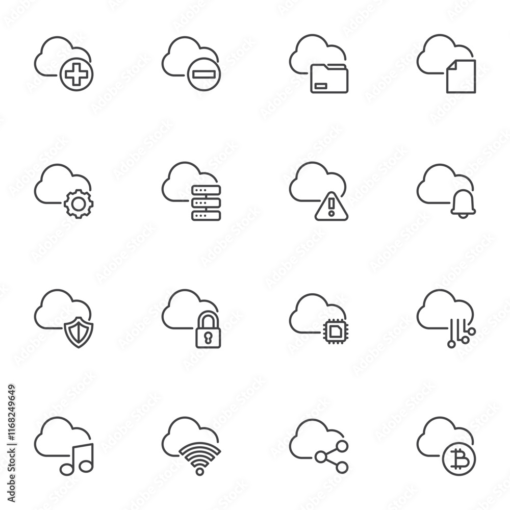 Poster cloud computing line icons set