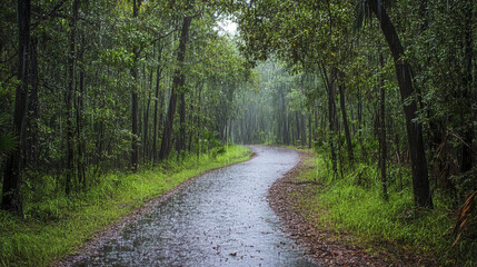 Fototapeta premium peaceful forest path during rain shower, surrounded by lush greenery