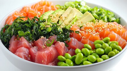 Delicious Poke Bowl with Salmon Tuna Avocado Edamame and Seaweed Salad