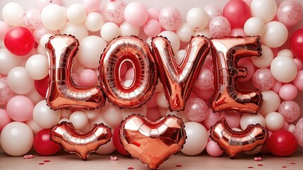 Valentine's Day background with the word "LOVE" made of balloon letters and heart-shaped balloons in rose gold, white, and pink. Romantic theme for celebrating love and affection.