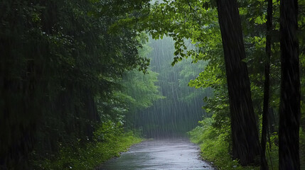 Obraz premium quiet forest path under gentle rain, surrounded by lush greenery