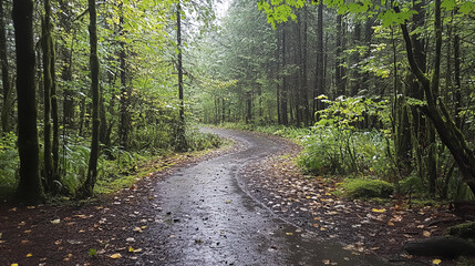 Obraz premium winding path through lush, rainy forest with vibrant greenery