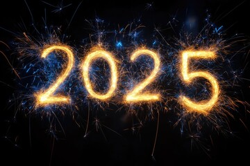 Glowing "2025" written with sparklers against a black background, creating a dazzling New Year’s celebration with bright lights and a festive atmosphere.