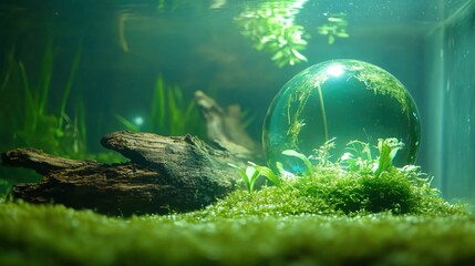 Fototapeta premium Tranquil Underwater Scene with Glass Orb Surrounded by Greenery and Moss