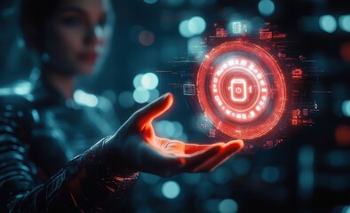 Digital Copyright and Patent Protection in a Futuristic Cyberpunk Landscape with Technology and Legal Safeguarding Concepts