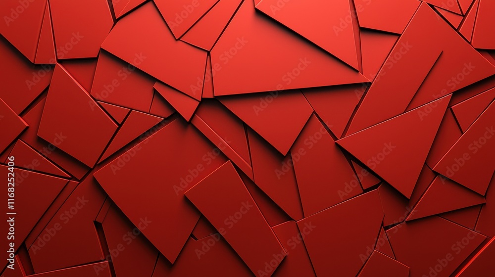 Poster a dynamic collection of red geometric shapes layered in an abstract formation, perfect for modern de