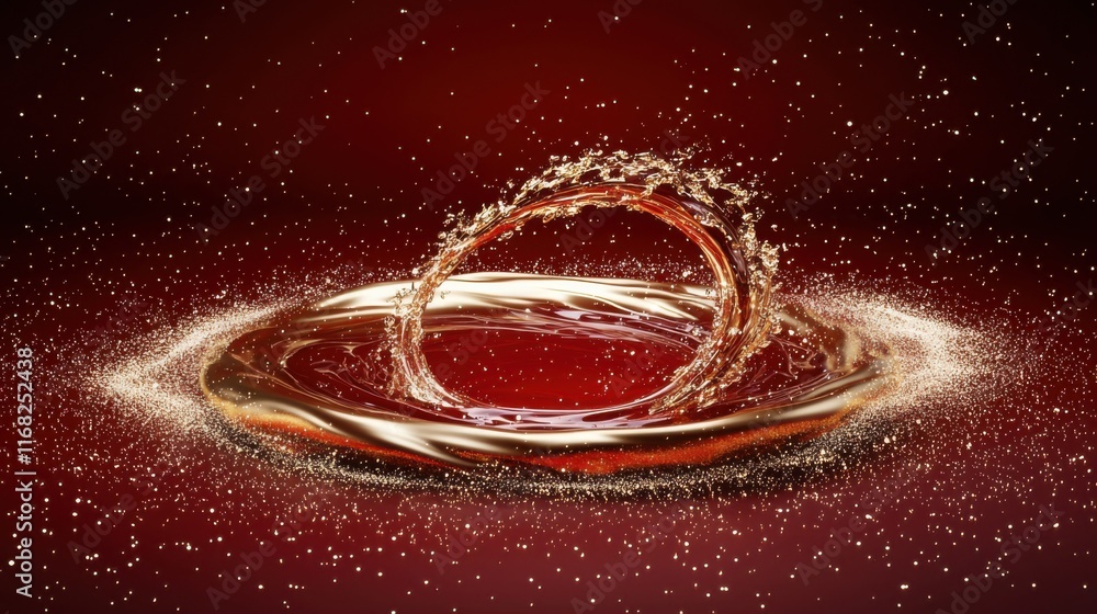Poster a dynamic splash of liquid creating a striking circle, set against a rich red backdrop with sparklin