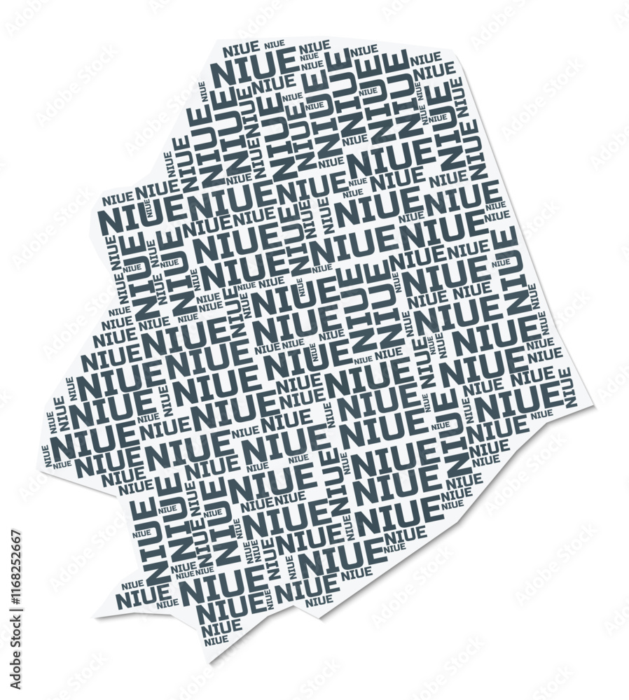 Poster niue shape text cloud. country border with shadow on white background. niue with regions division in