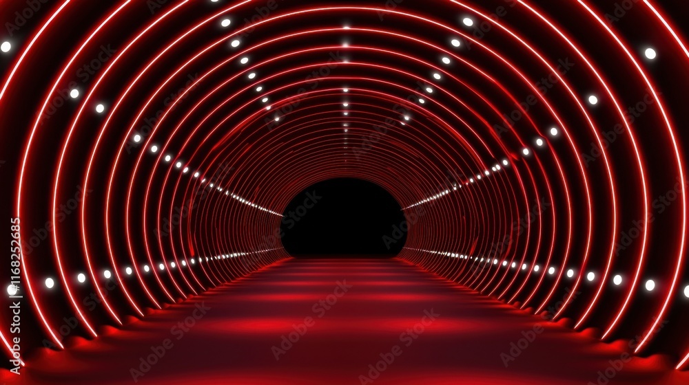 Poster a futuristic red-lit tunnel showcasing circular light patterns, creating a stunning visual effect an