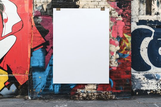 Blank poster mockup on graffiti wall.