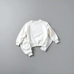 A white sweatshirt and sweatpants are on a gray background
