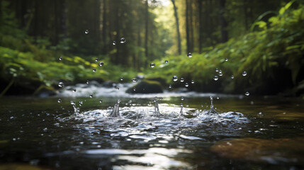 Naklejka premium tranquil nature scene capturing raindrops splashing in stream