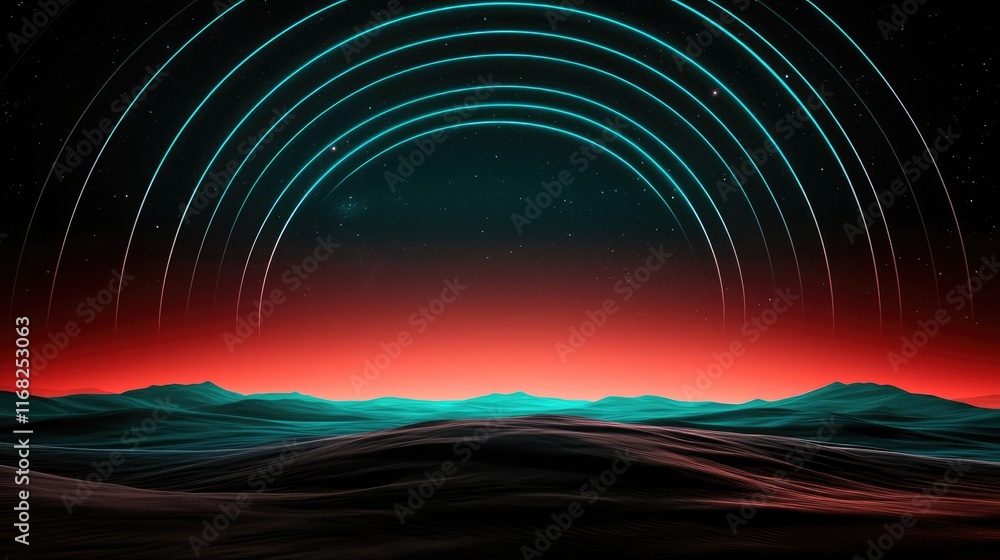 Poster galaxy abstract background concept. surreal landscape featuring vibrant colors and curved lines acro