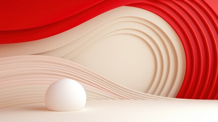 A minimalist composition featuring flowing waves of red and cream colors, with a smooth white sphere creating visual interest.