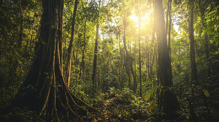 Obraz premium tranquil view of tropical jungle with tall trees and sunlight