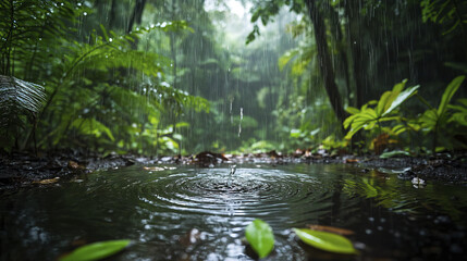 Naklejka premium vibrant tropical rainforest during rainstorm with raindrops creating ripples