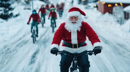 Santa Claus rides a bike through snowy streets, accompanied by children in festive attire, capturing a joyful holiday spirit.